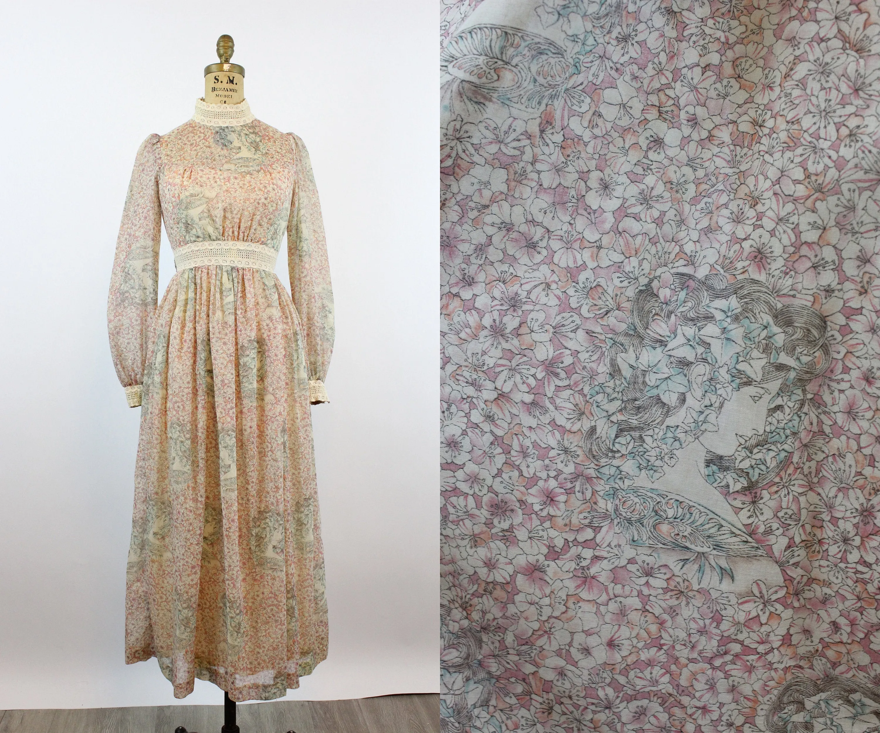 1970s WOMAN print art nouveau puffed sleeve dress xxs | new fall