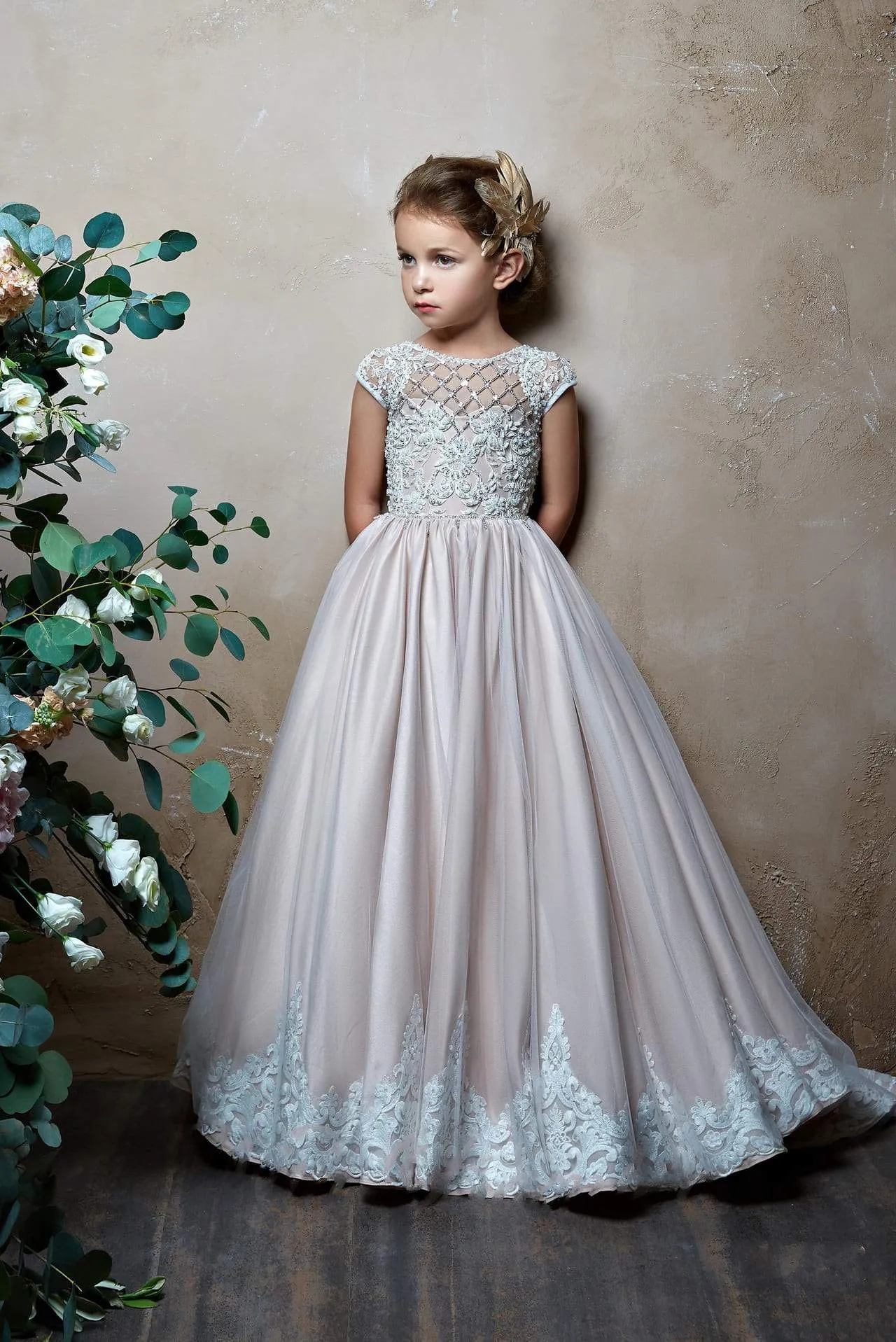 2312 Ramselle Girls Cap Sleeves Lace Appliques Tulle Princess Ball Gown