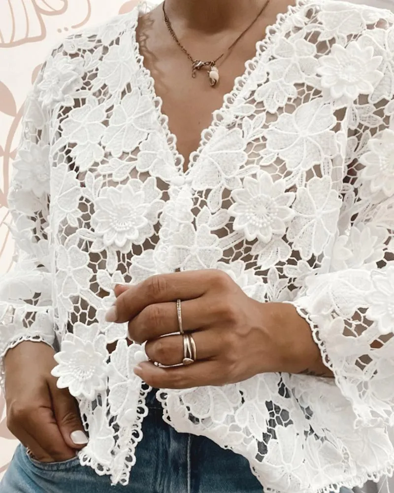 3D Flower Hollow Out Lace Trim V Neck Blouse Casual Loose Fit Top