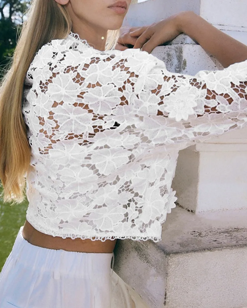 3D Flower Hollow Out Lace Trim V Neck Blouse Casual Loose Fit Top