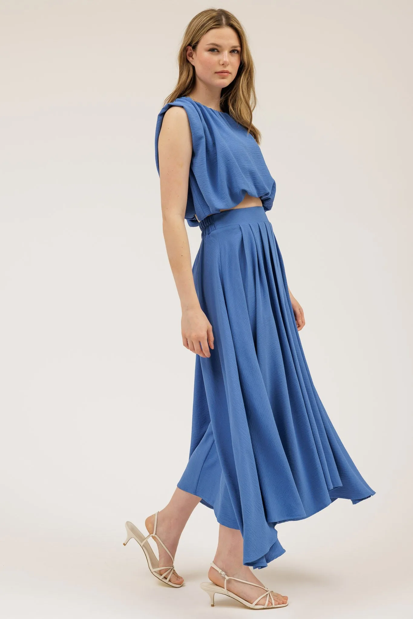 Abigail Box Pleated Midi Skirt, Dusty Blue