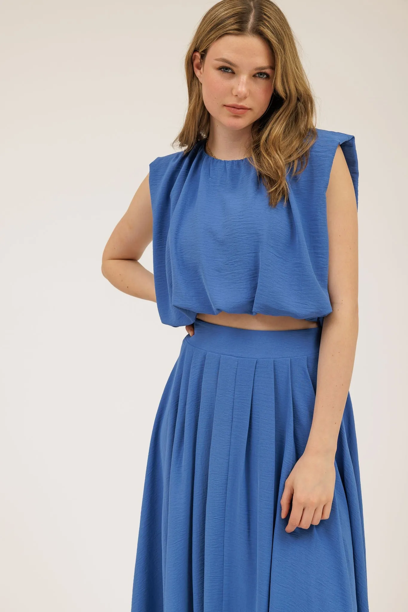 Abigail Box Pleated Midi Skirt, Dusty Blue