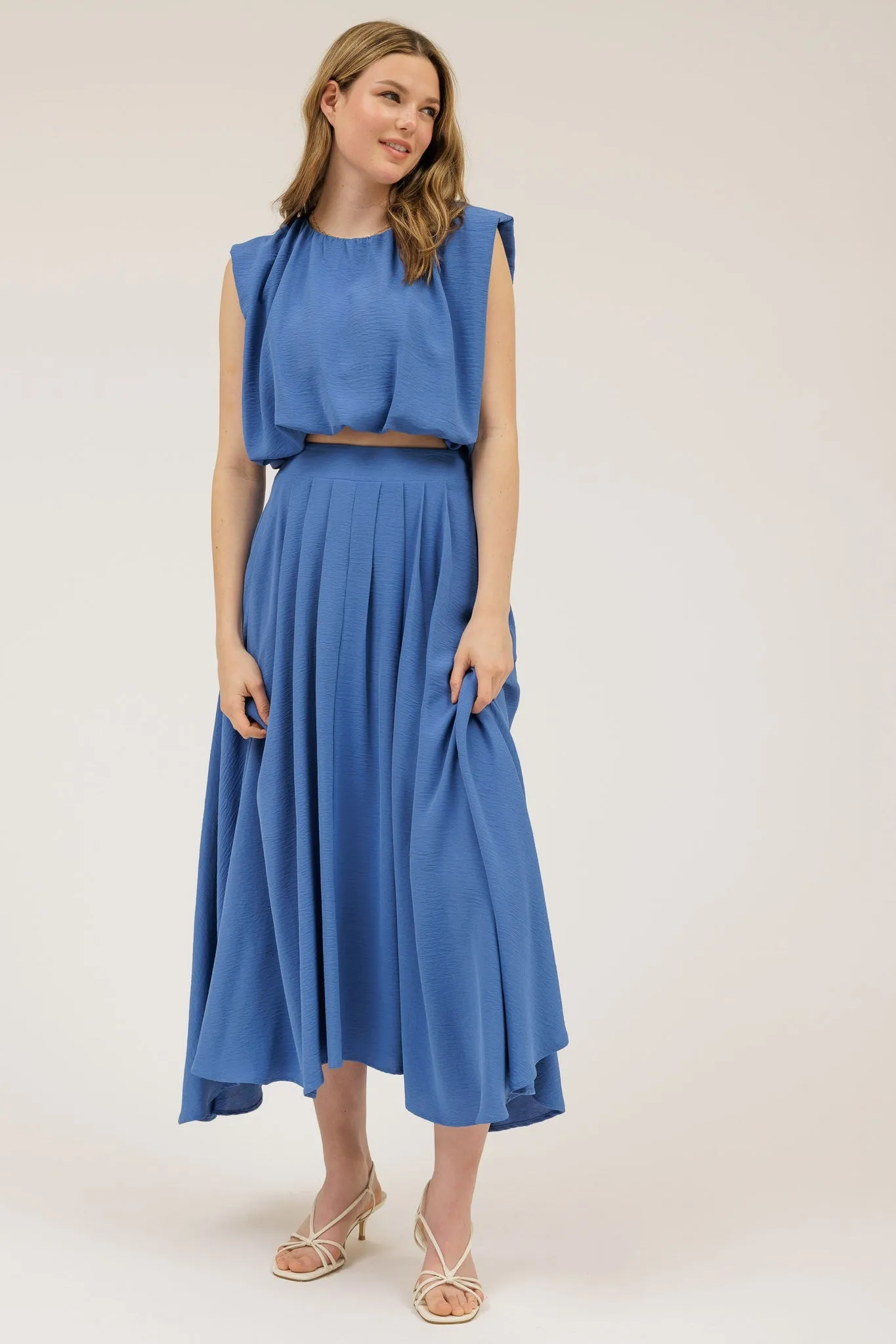 Abigail Box Pleated Midi Skirt, Dusty Blue