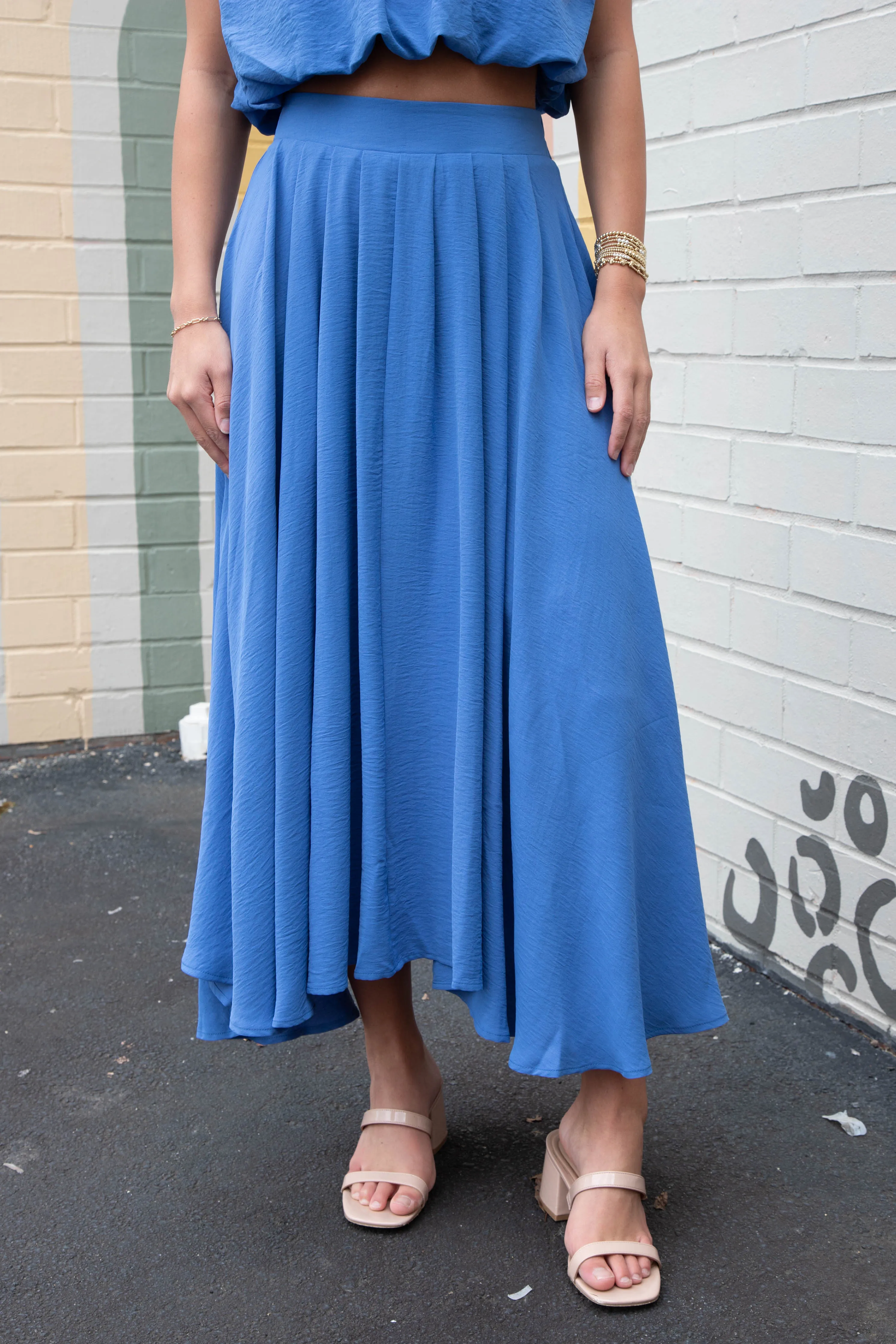 Abigail Box Pleated Midi Skirt, Dusty Blue