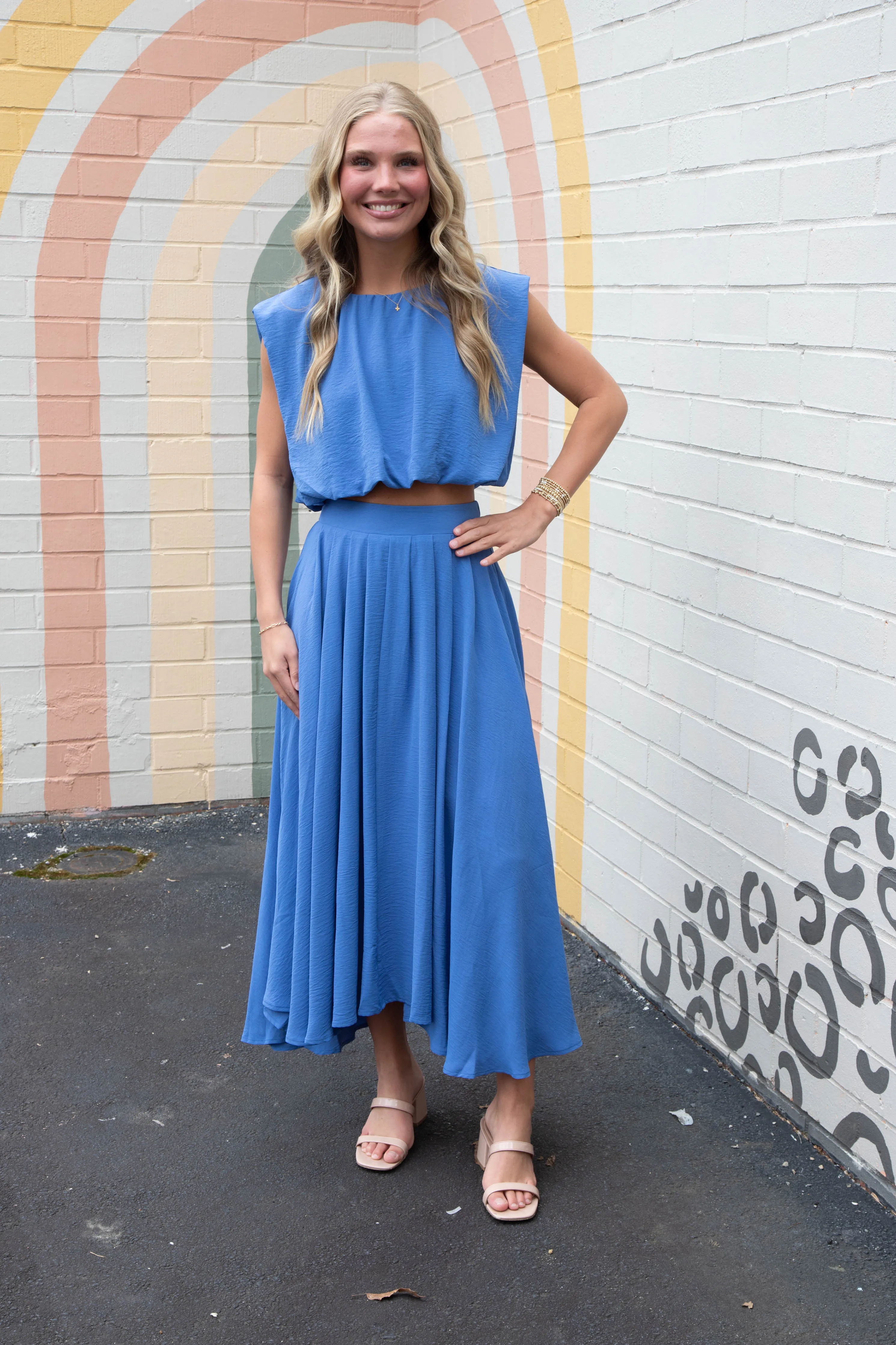 Abigail Box Pleated Midi Skirt, Dusty Blue