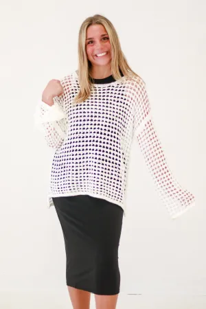 Amayah Oversized Sheer Crochet Pullover in White
