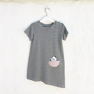 Asymmetric T-shirt Dress - Black   White Stripes
