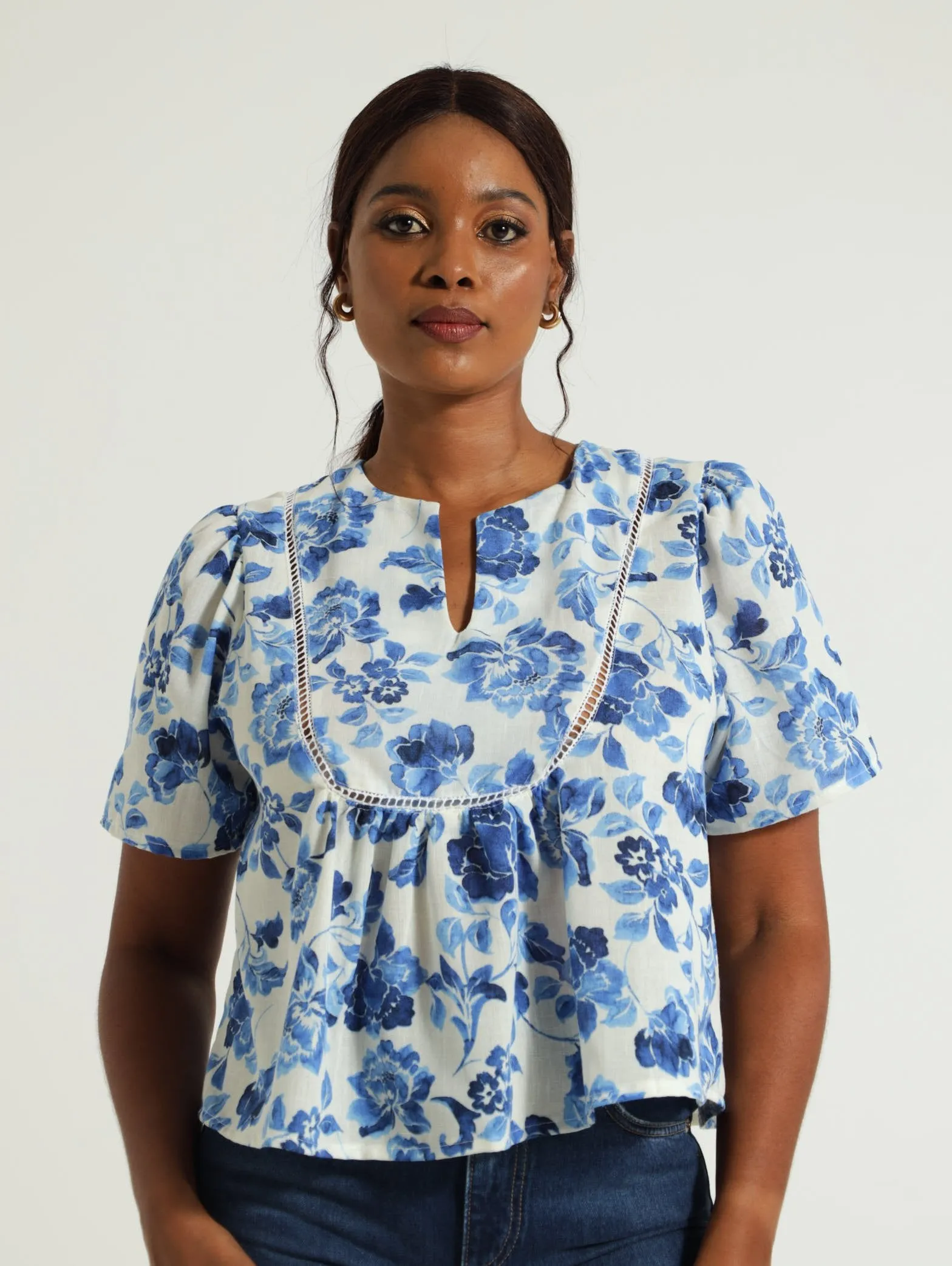 Babydoll Blouse With Ladder Lace - White/Blue