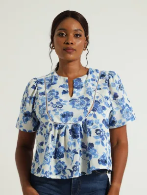 Babydoll Blouse With Ladder Lace - White/Blue