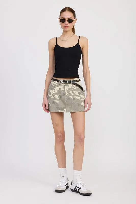BELTED MINI CAMO SKIRT