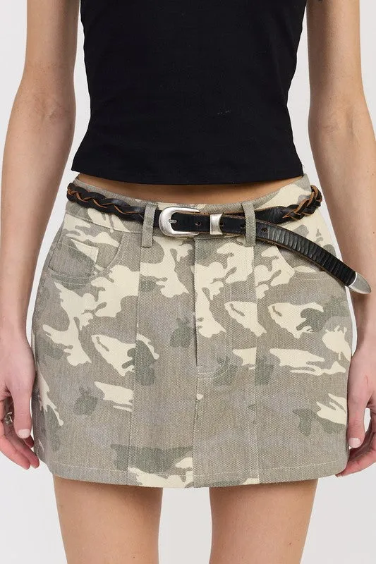 BELTED MINI CAMO SKIRT