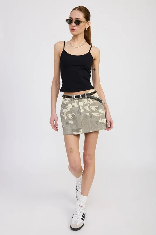 BELTED MINI CAMO SKIRT