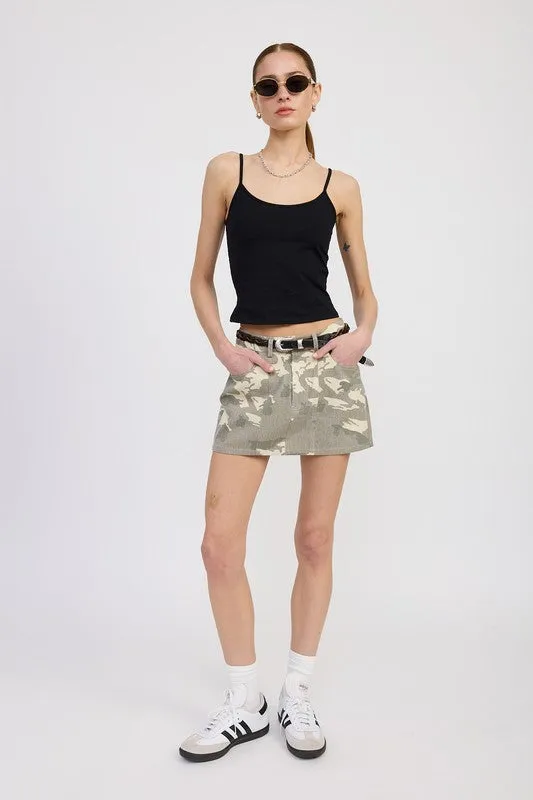 BELTED MINI CAMO SKIRT