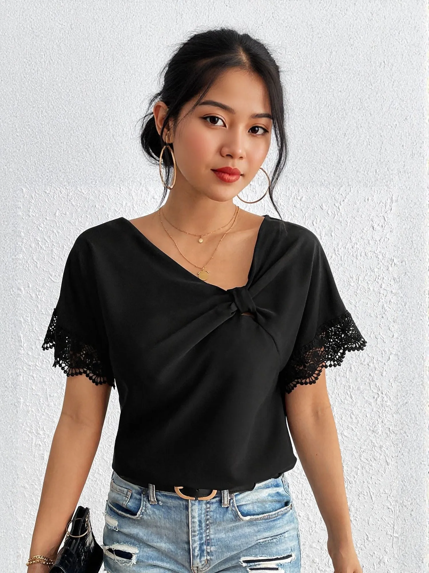 Black Front Knot At Neck With Lace Insert