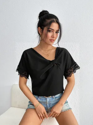Black Front Knot At Neck With Lace Insert