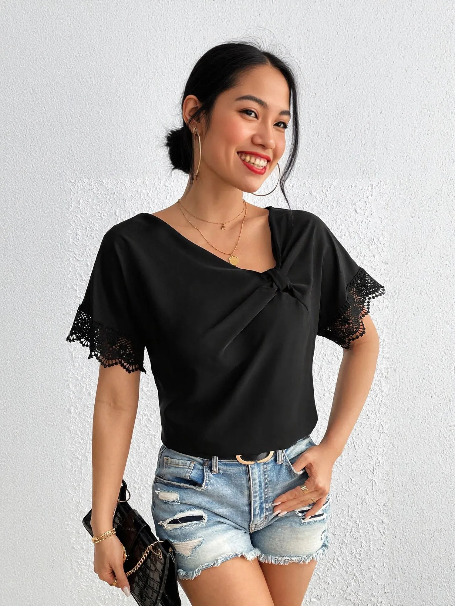 Black Front Knot At Neck With Lace Insert