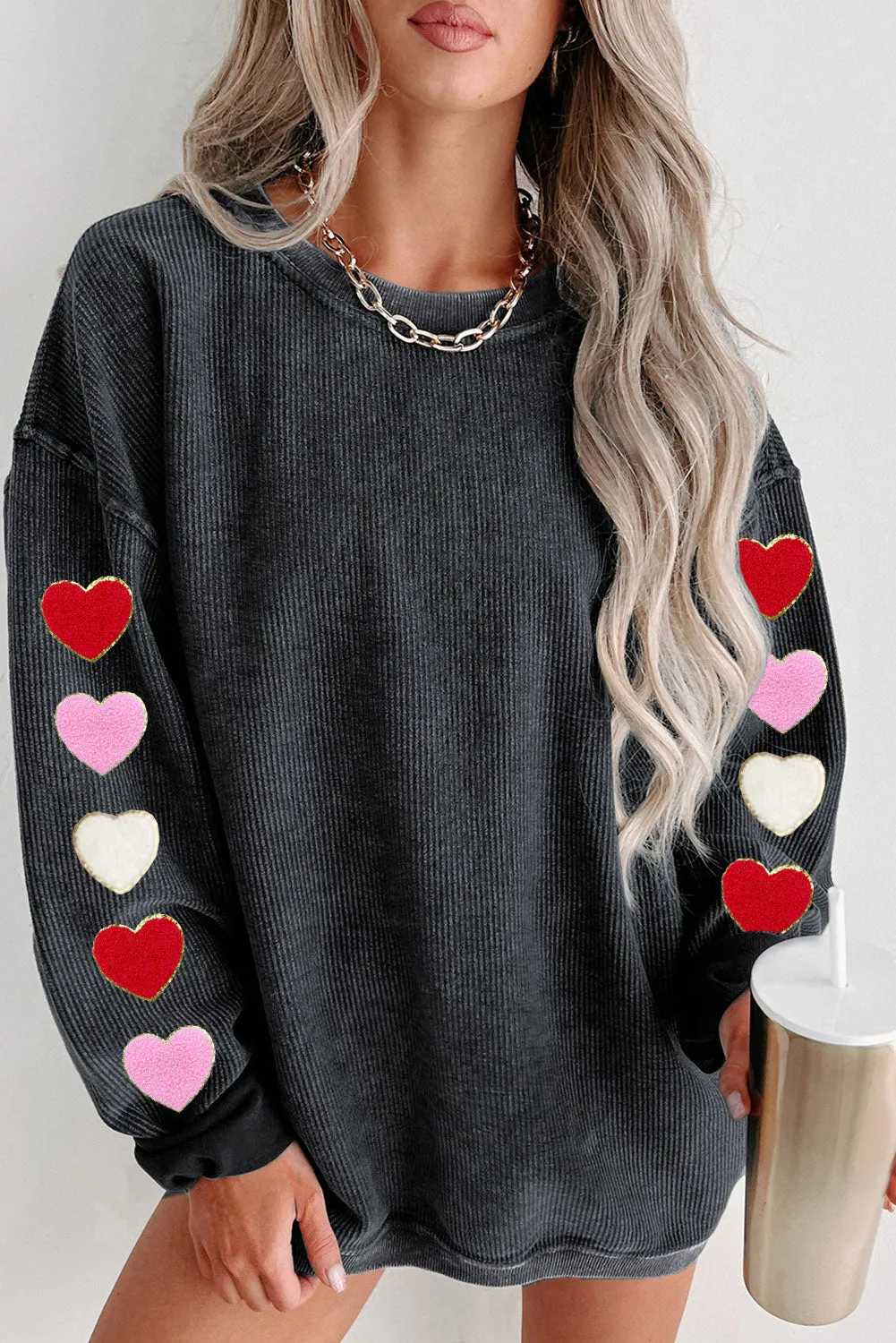 Black Heart Chenille Embroidered Corded Pullover Sweatshirt