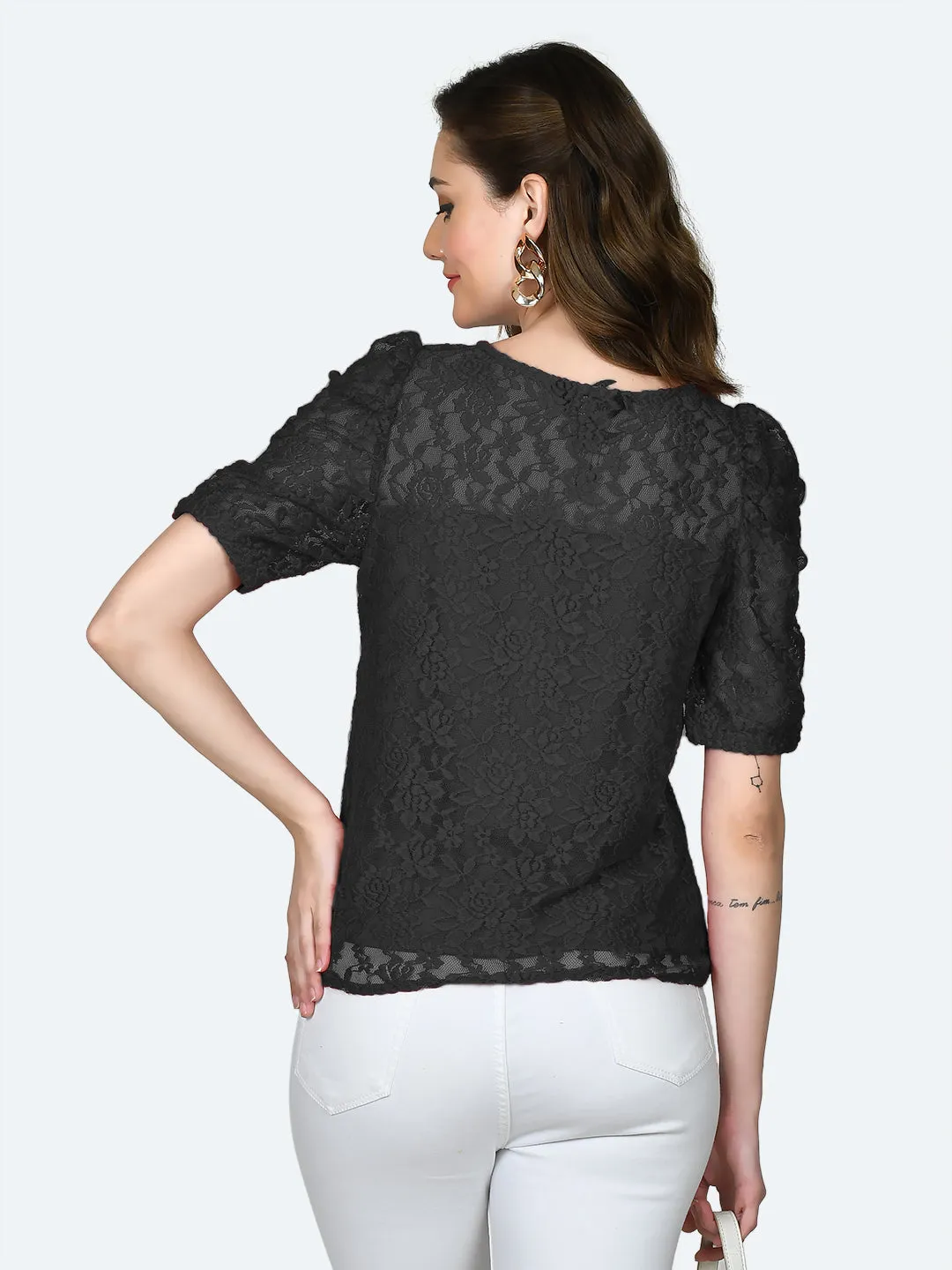Black Lace Round Neck Top