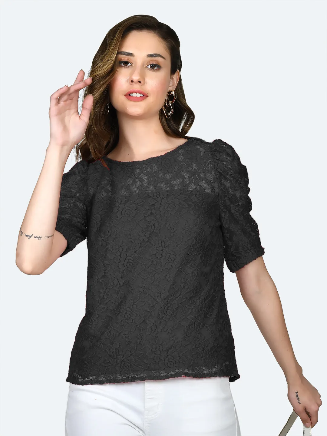 Black Lace Round Neck Top