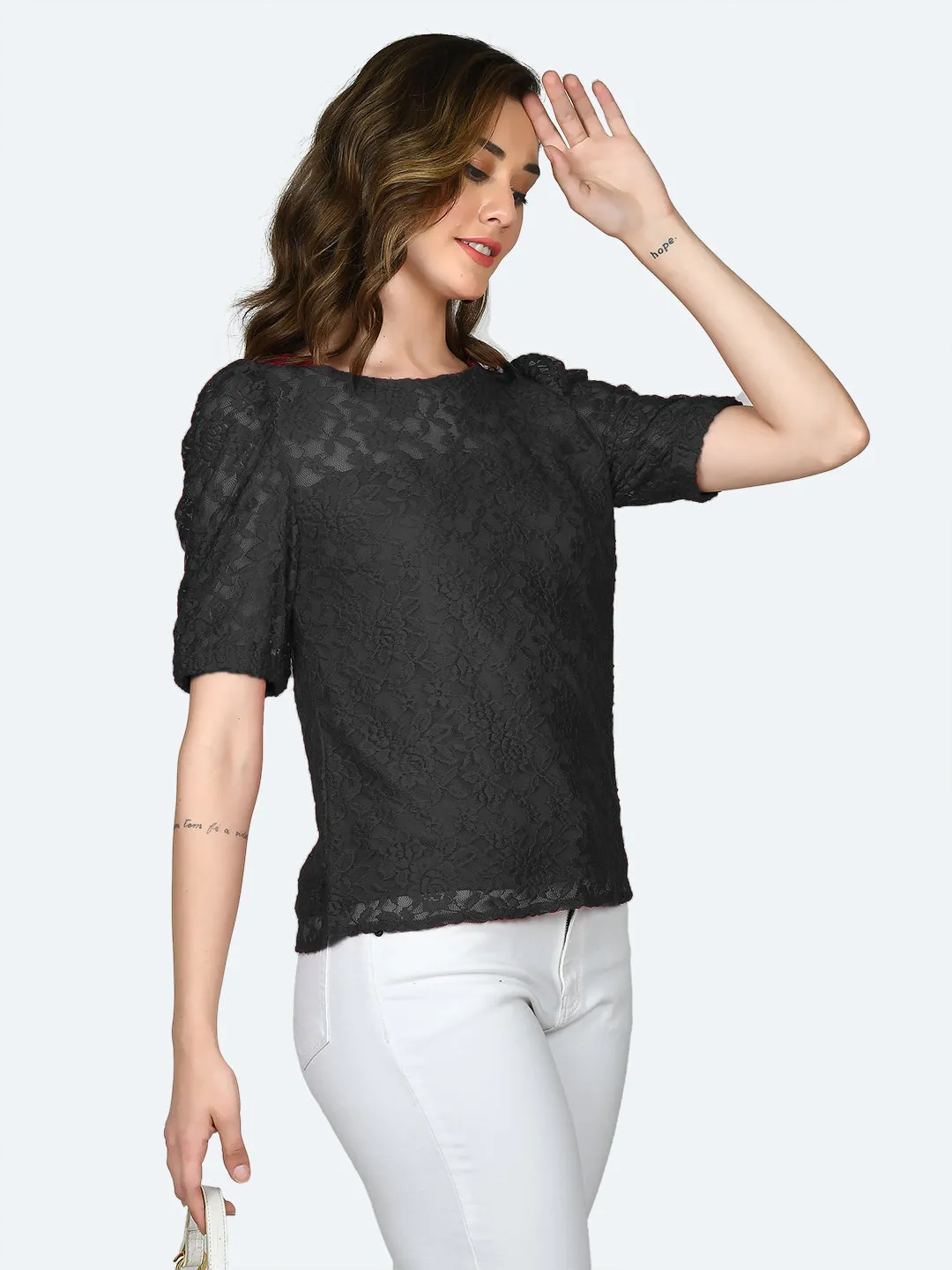 Black Lace Round Neck Top