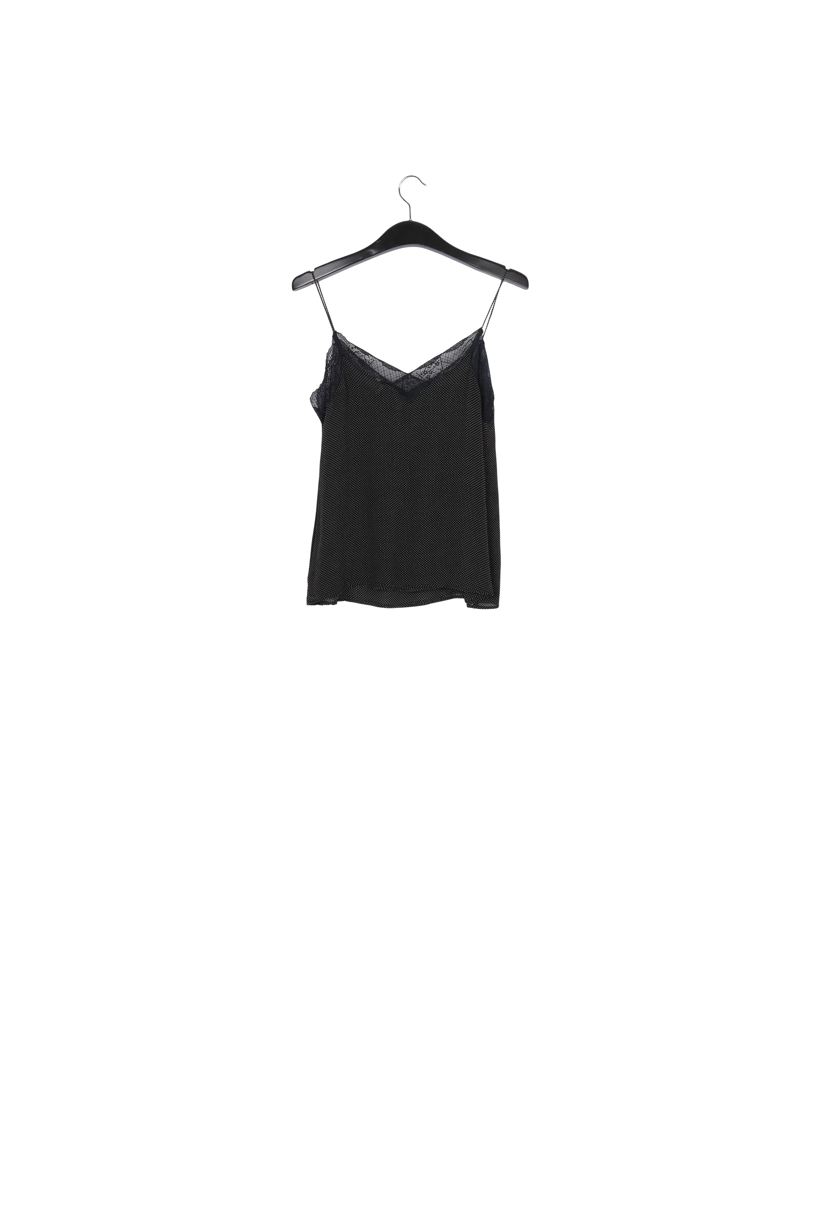Black lace-trimmed polka dot slip top