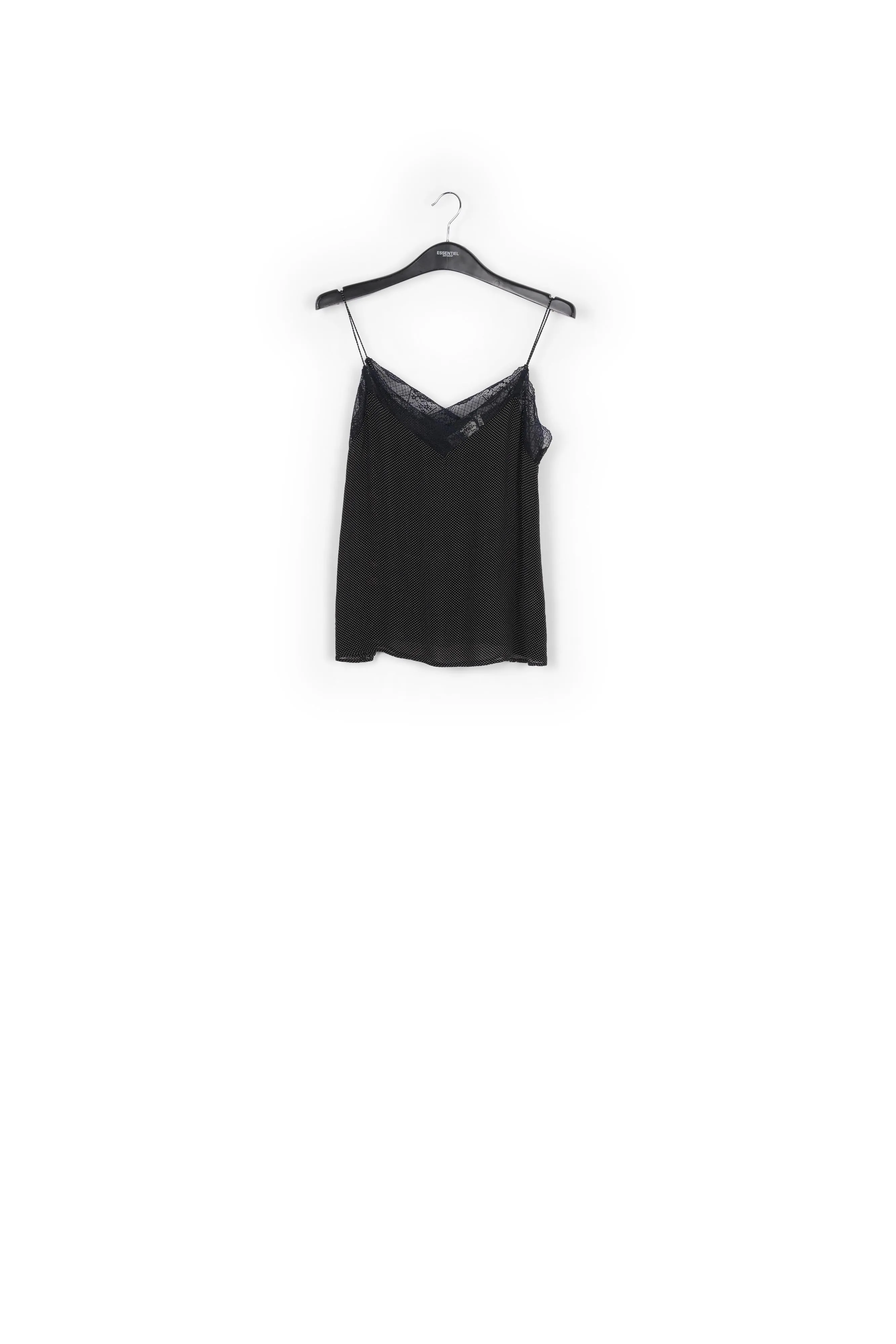 Black lace-trimmed polka dot slip top