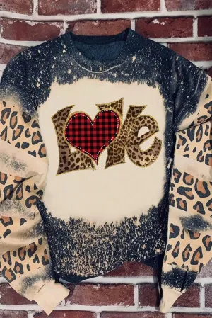 Black LOVE Leopard Bleach Graphic Print Pullover Sweatshirt