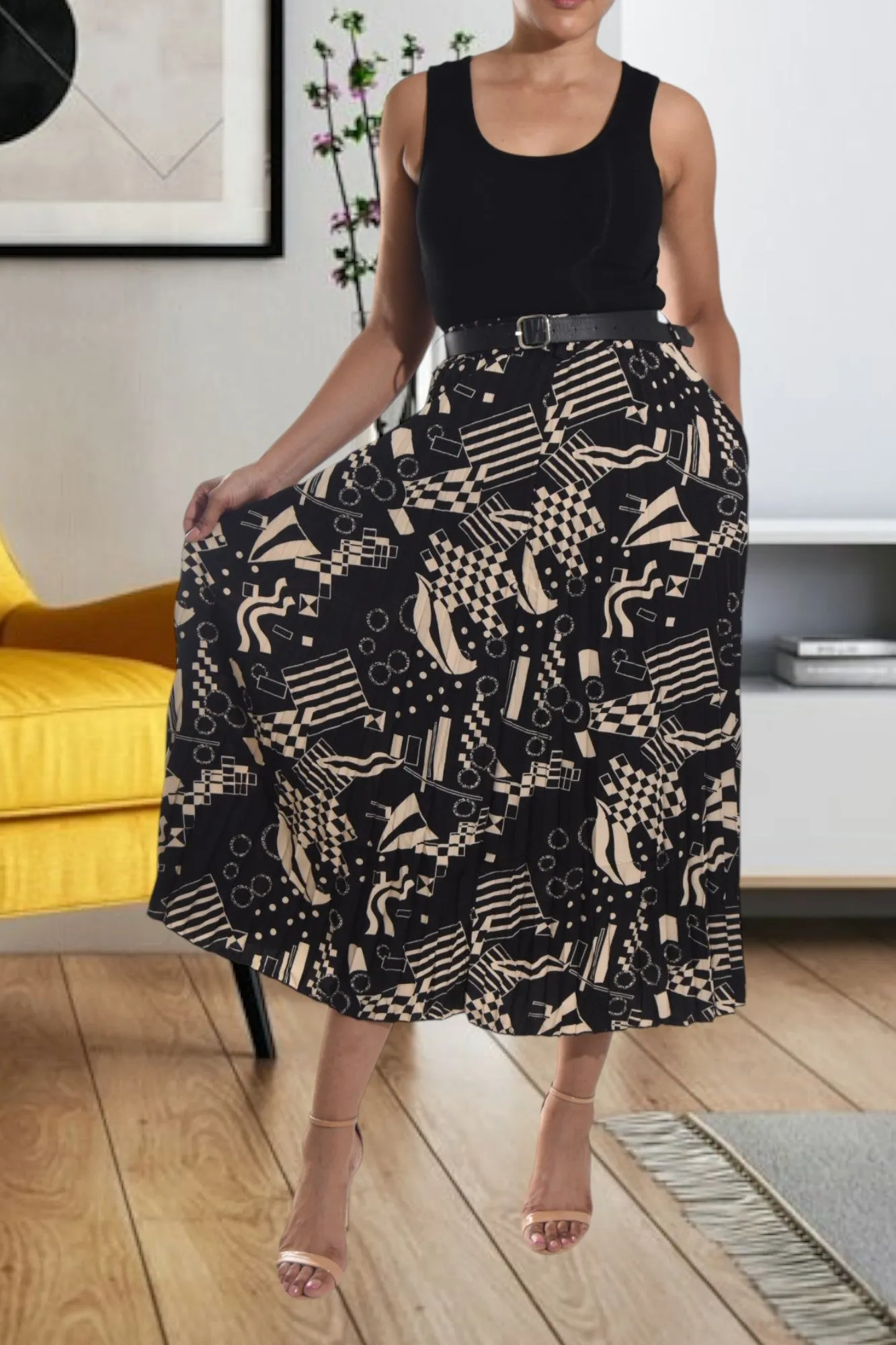 Black Pleated Belt Skirt