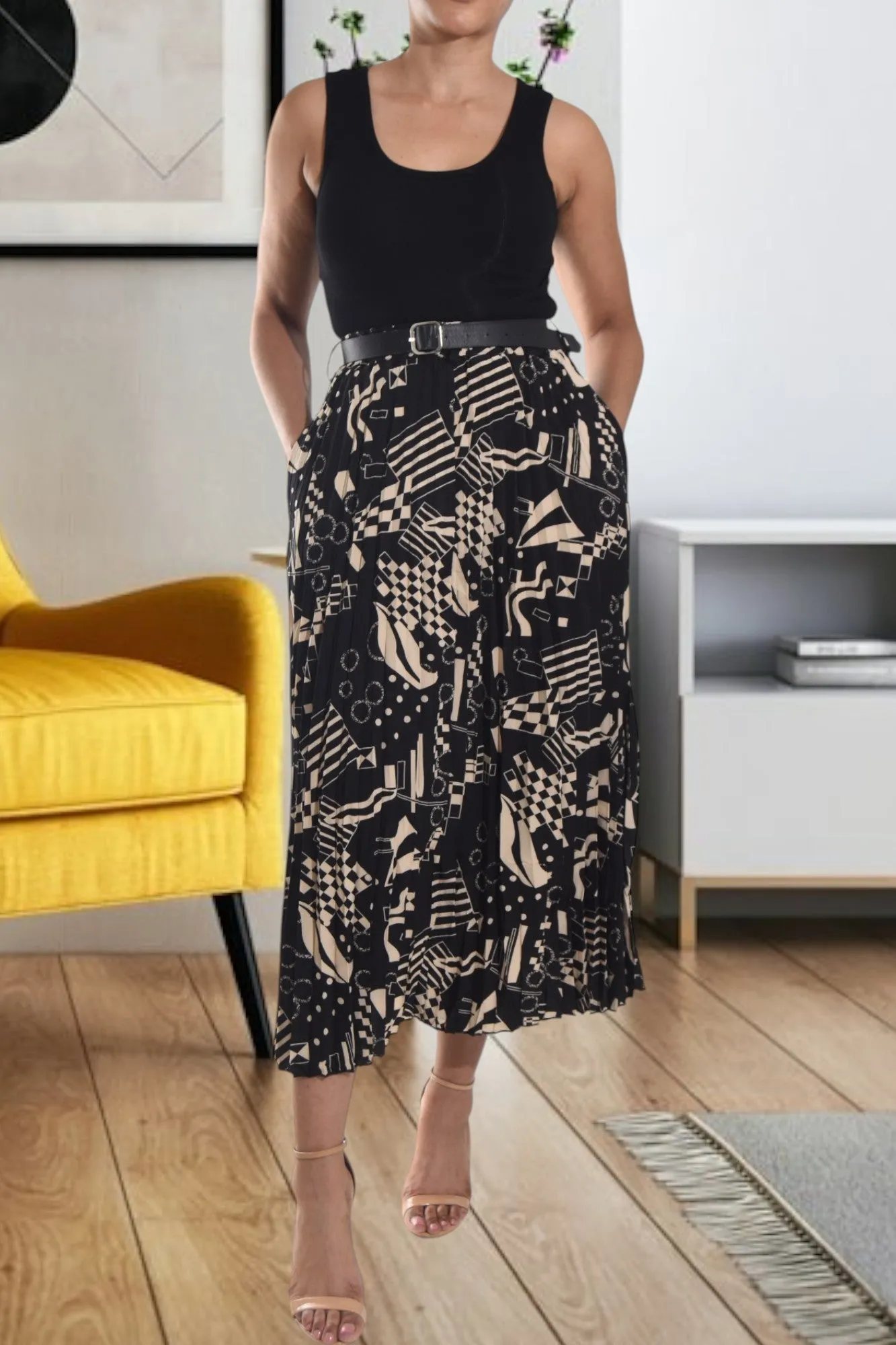 Black Pleated Belt Skirt