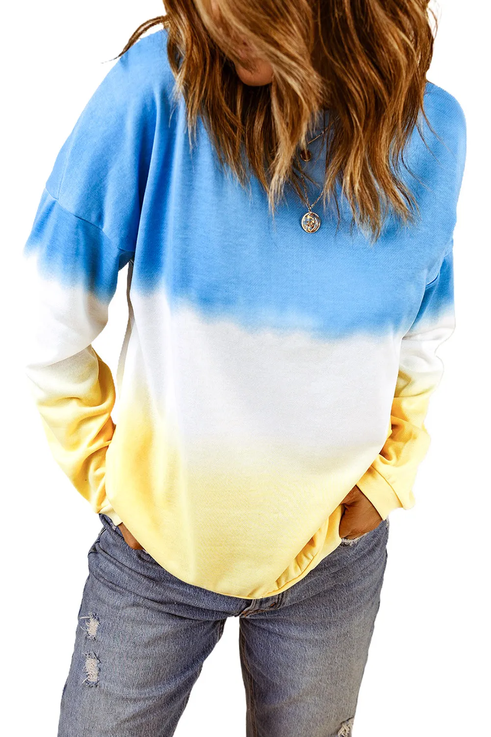 Blue Color Block Tie Dye Pullover Sweatshirt