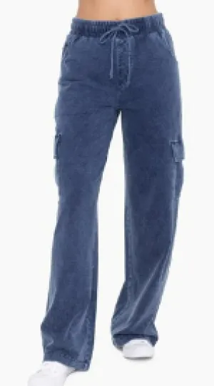 Blue Mineral Wash Wide Leg Cotton Cargo Pants