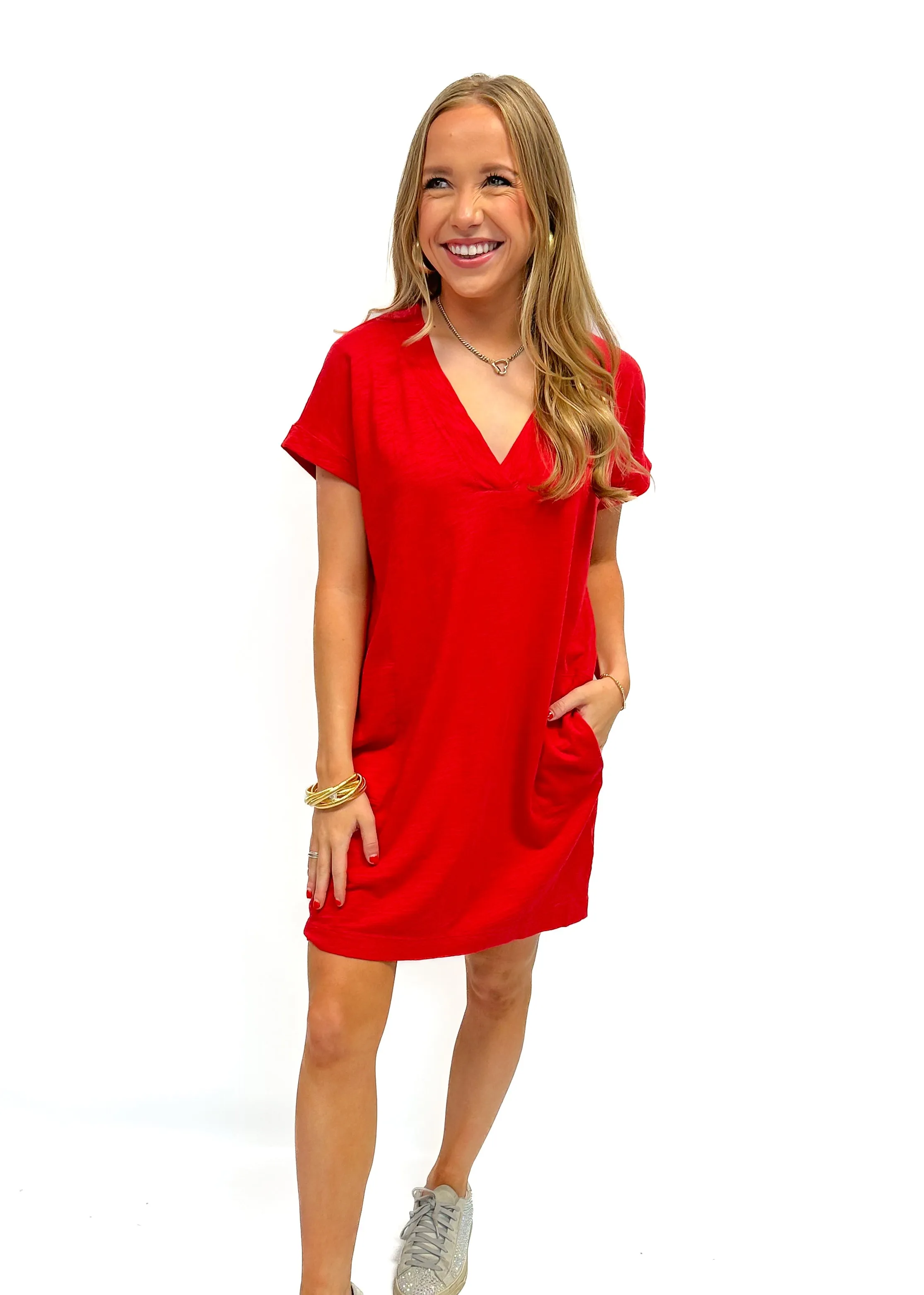 Bobi Roll Sleeve V-Neck Pocket Dress - Red Hot