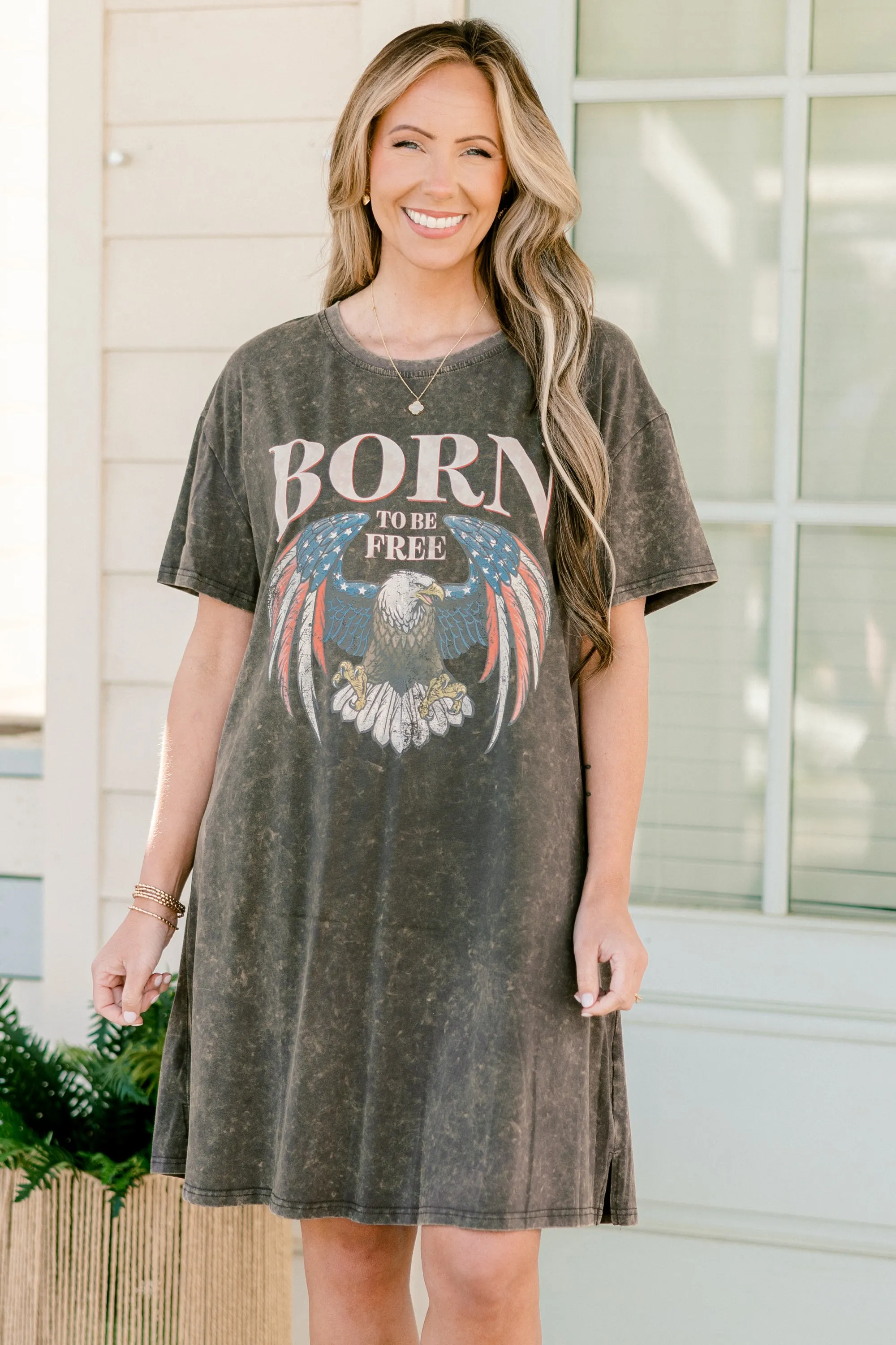 Born to be Wild & Free T-Shirt Dress, Charcoal