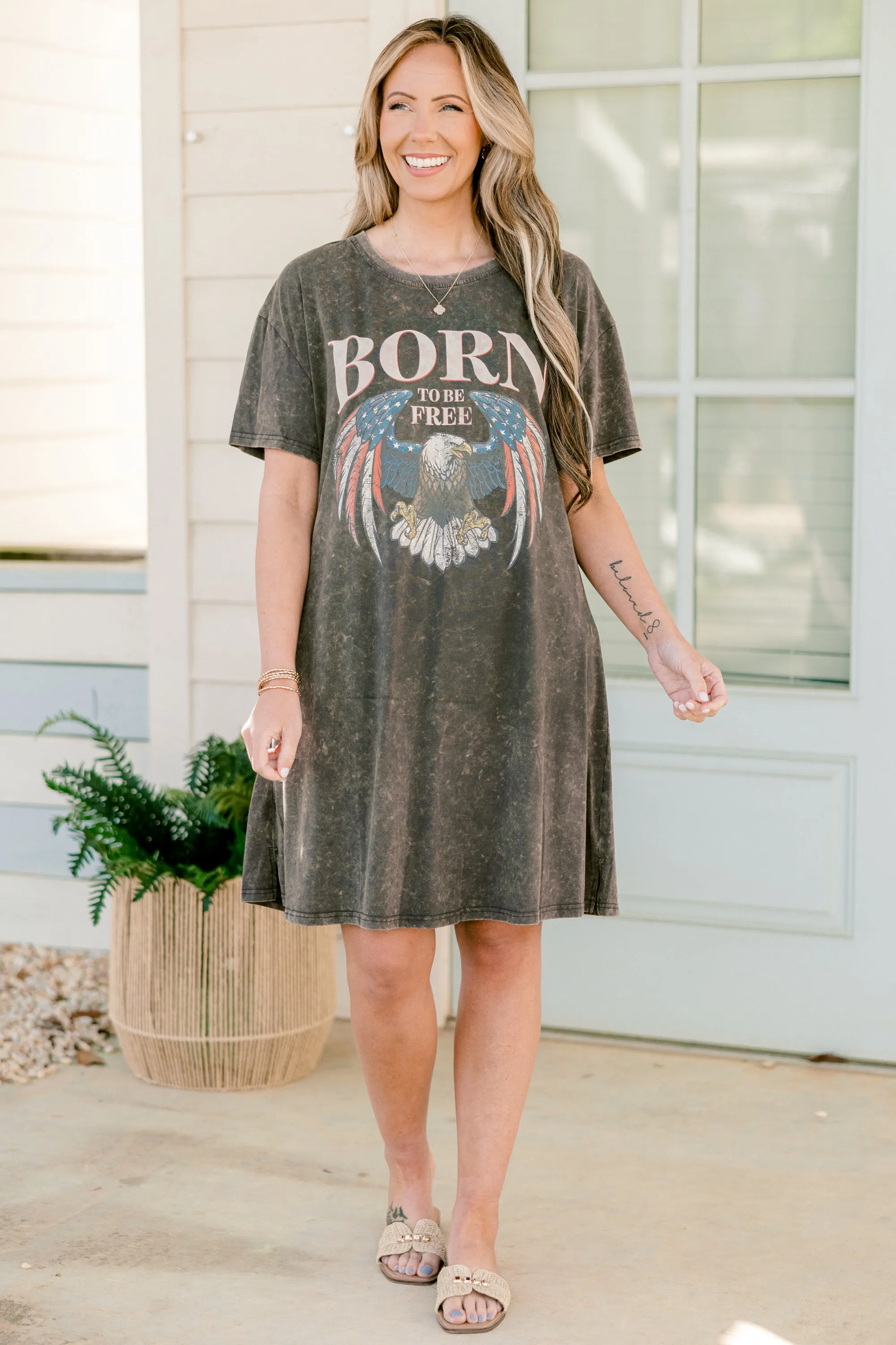 Born to be Wild & Free T-Shirt Dress, Charcoal