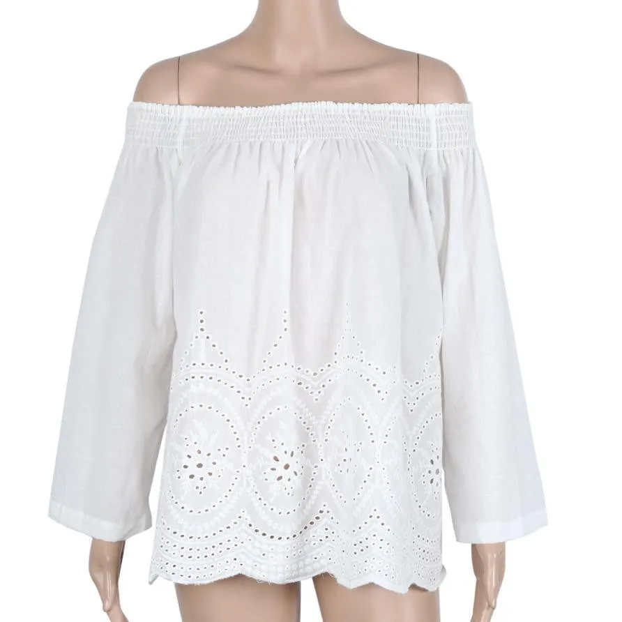 Brand Women Blouses Lace Floral Hollow Out Off Shoulder Tops