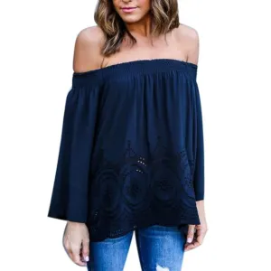 Brand Women Blouses Lace Floral Hollow Out Off Shoulder Tops