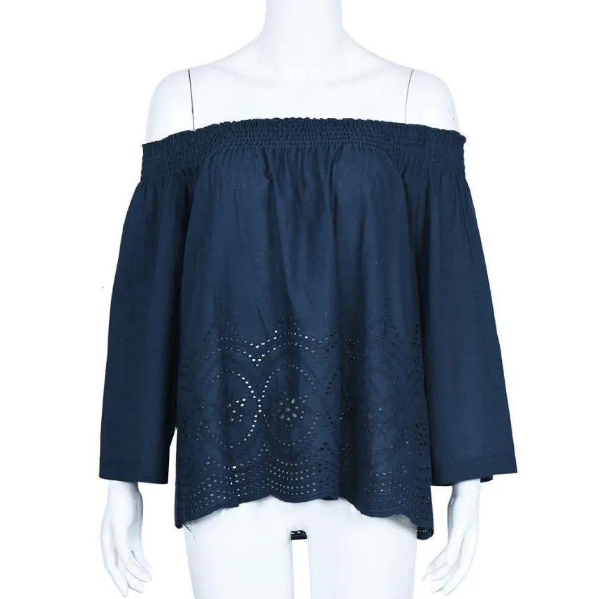 Brand Women Blouses Lace Floral Hollow Out Off Shoulder Tops