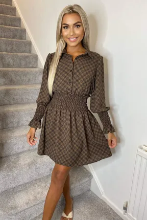 Brown Checked Elasticated Waist Dress