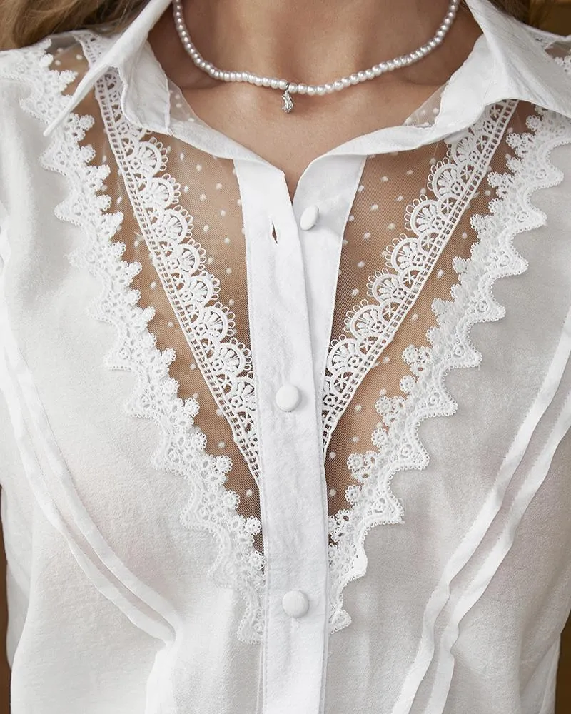 Buttoned Long Sleeve Lace Patch Shirt