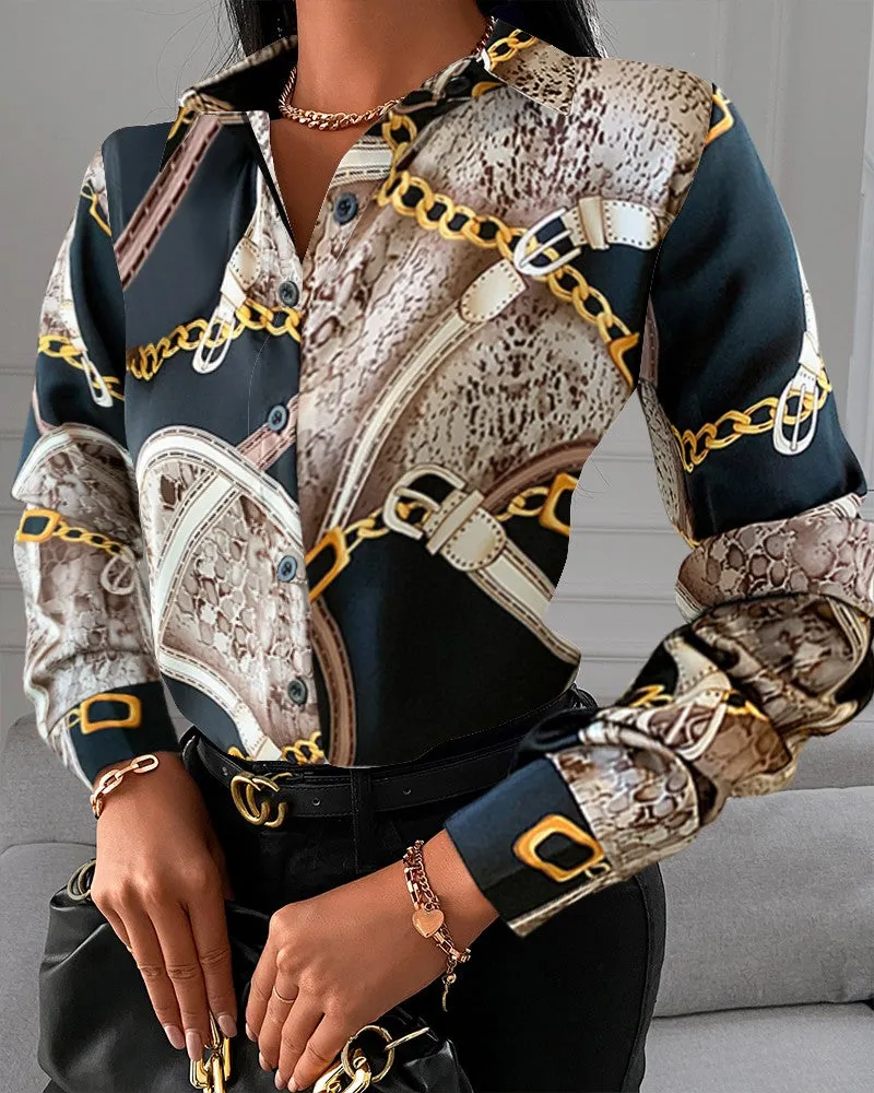 Chain Print Buttoned Satin Top