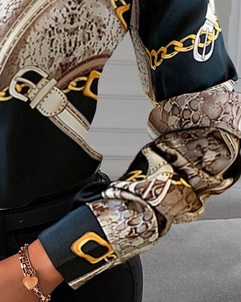 Chain Print Buttoned Satin Top