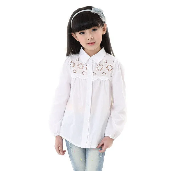 children's clothing brand cotton peter pan collar long-sleeve shirt white lace decoration girls blouses