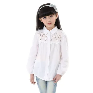 children's clothing brand cotton peter pan collar long-sleeve shirt white lace decoration girls blouses