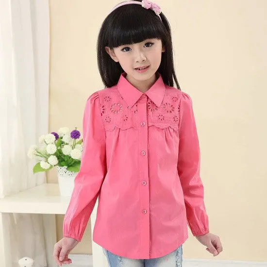 children's clothing brand cotton peter pan collar long-sleeve shirt white lace decoration girls blouses