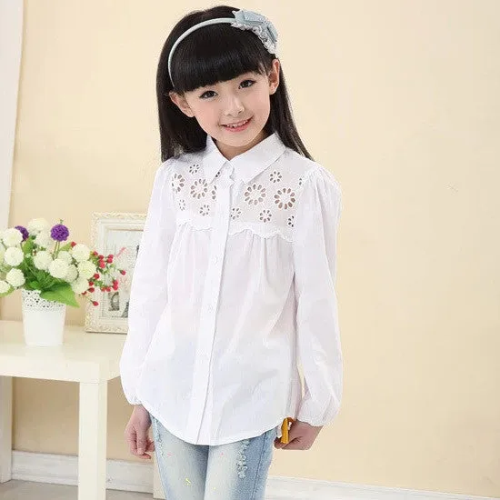 children's clothing brand cotton peter pan collar long-sleeve shirt white lace decoration girls blouses