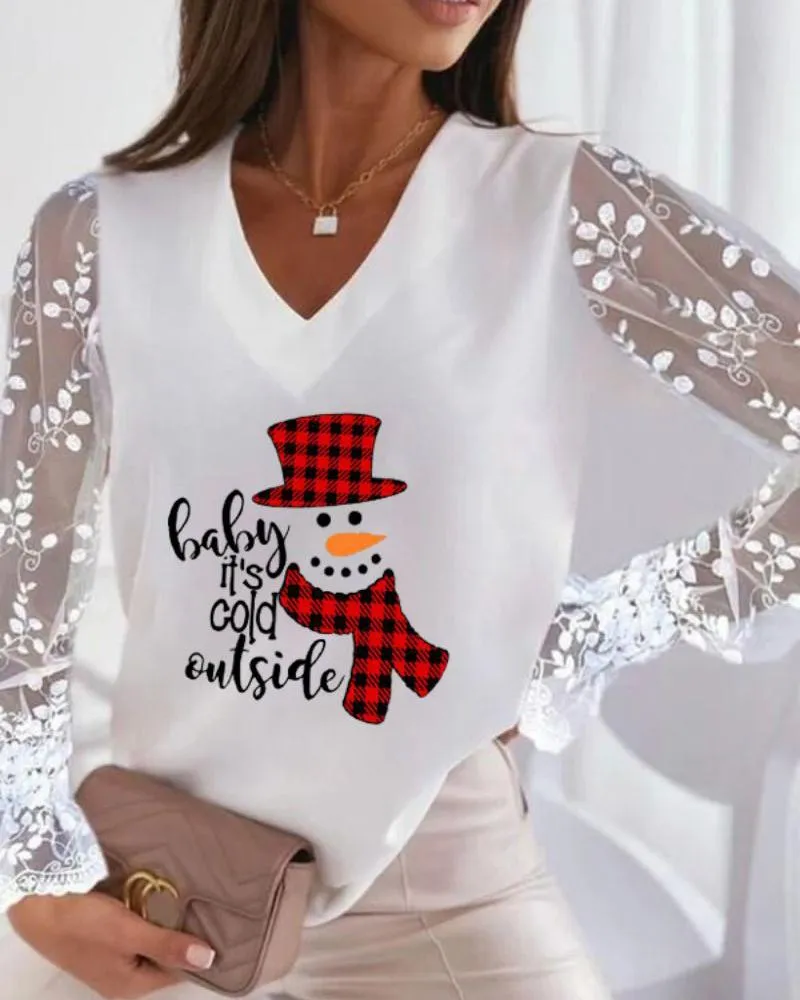 Christmas Snowman Print Contrast Lace Long Sleeve Top