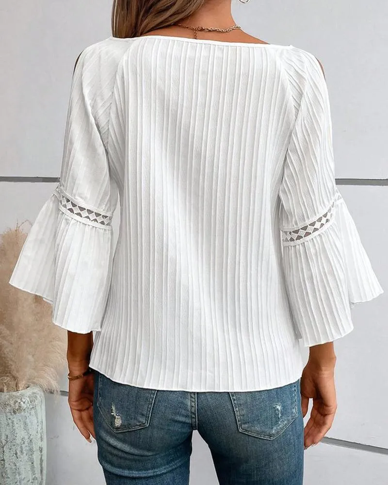 Cold Shoulder Contrast Lace Bell Sleeve Top