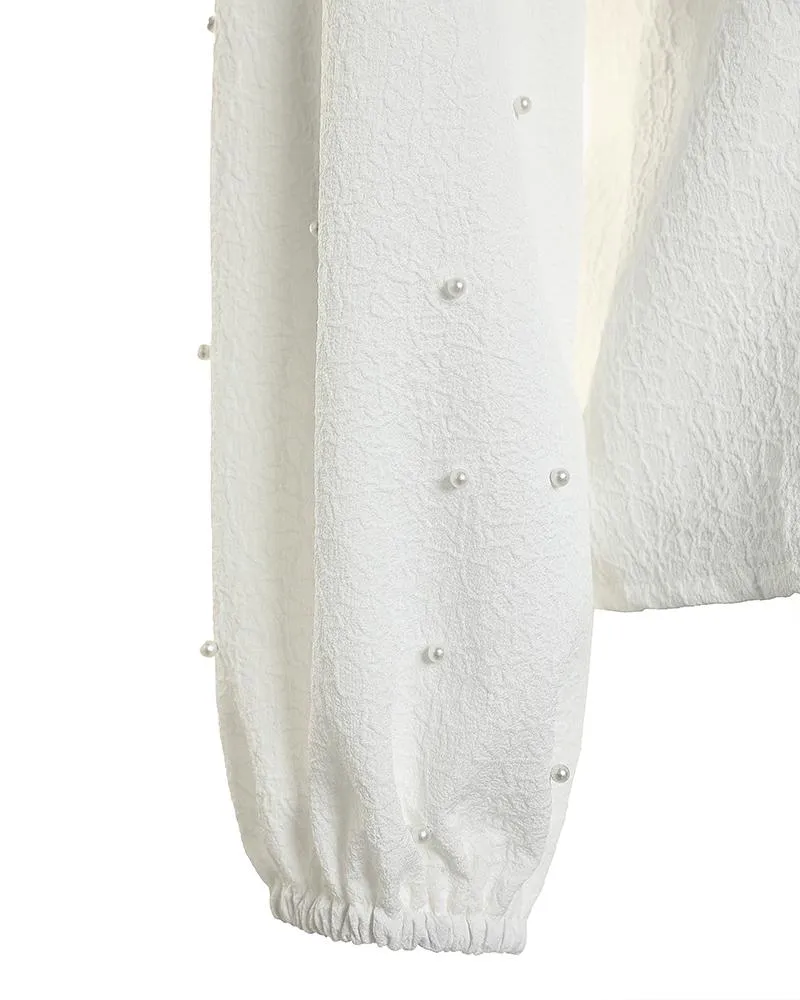 Contrast Lace Beaded Lantern Sleeve Top