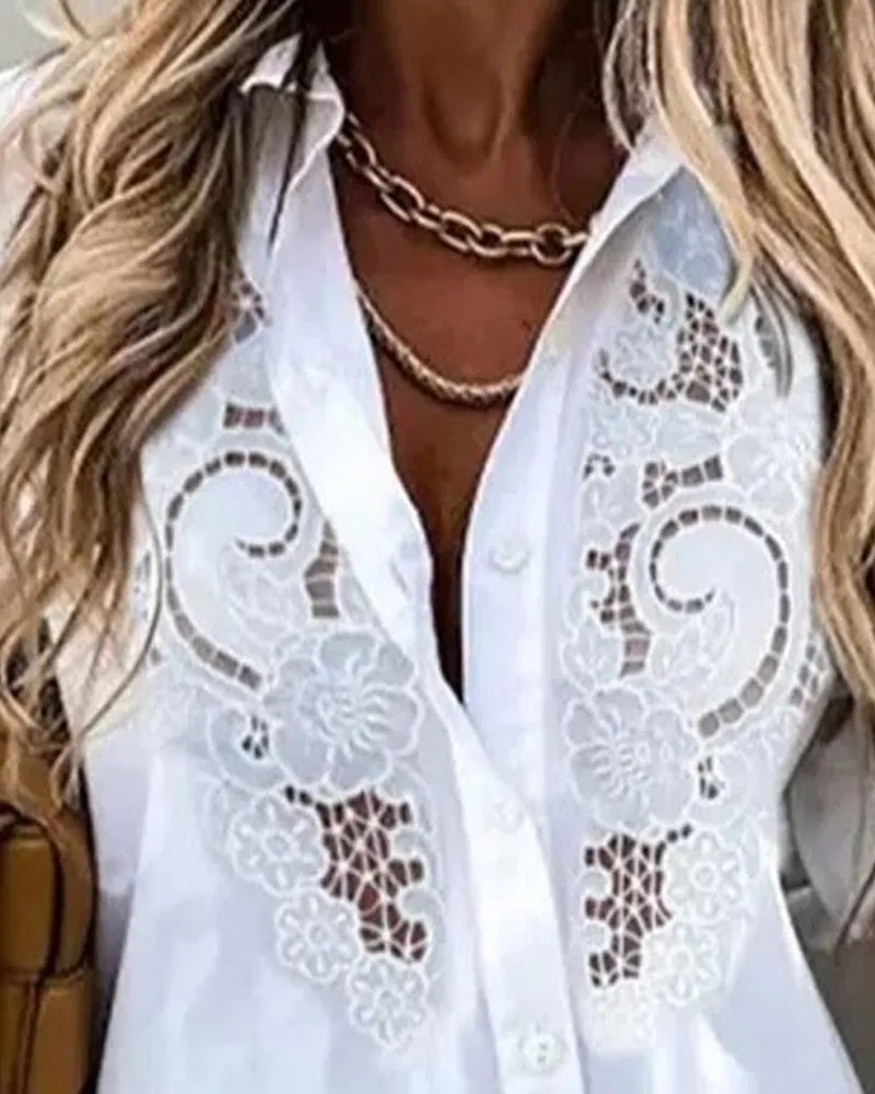 Contrast Lace Long Sleeve Button Down Shirt