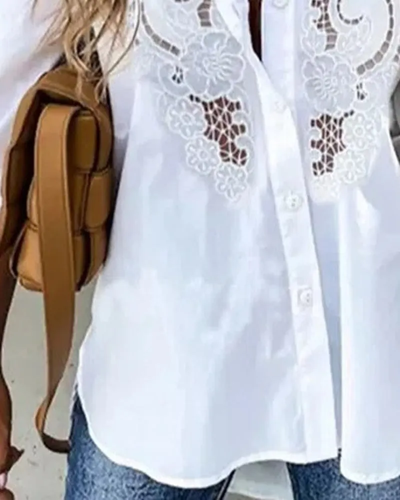 Contrast Lace Long Sleeve Button Down Shirt